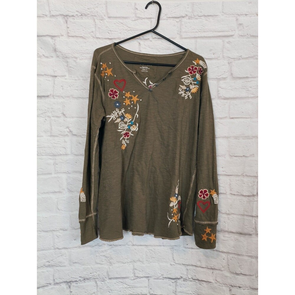 Karyn Seo Women's Med Dark Green Embroidered Tunic Top‎ Boho, forest, gorpcore
